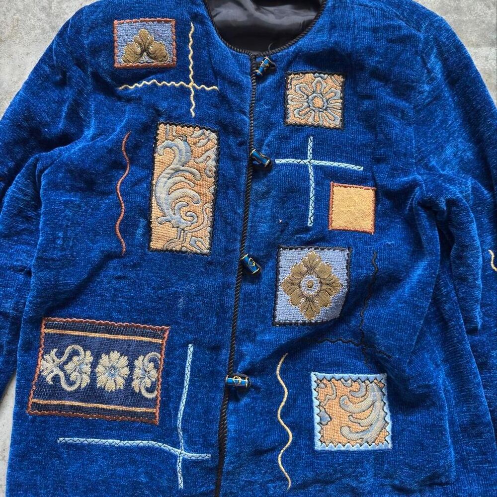 90s Allure Blue Velvet Patchwork Jacket embroidered floral and geometric designs